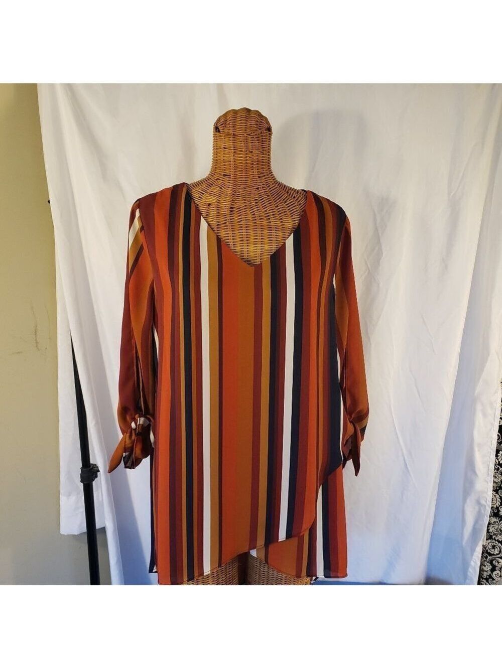 Est. 1948 Women's Striped Slit Sleeve V-Neck Blouse - Orange/Brown/Blue - L